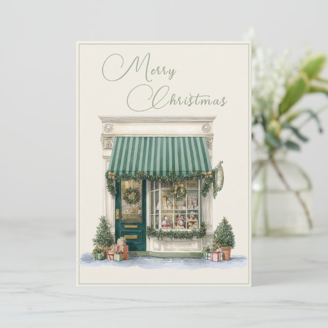 Tarjeta Festiva Merry Christmas Storefront Vintage Christmas (Anverso de pie)
