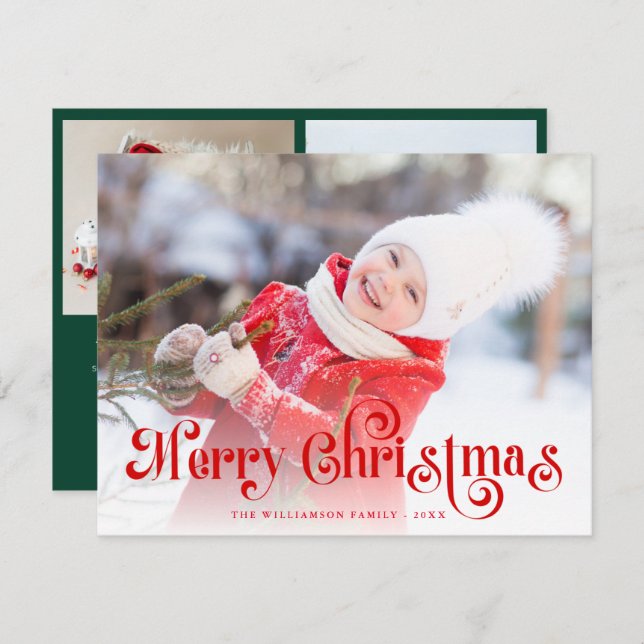 Tarjeta Festiva Merry Christmas Stylish Red Lettering Photo  (Anverso / Reverso)