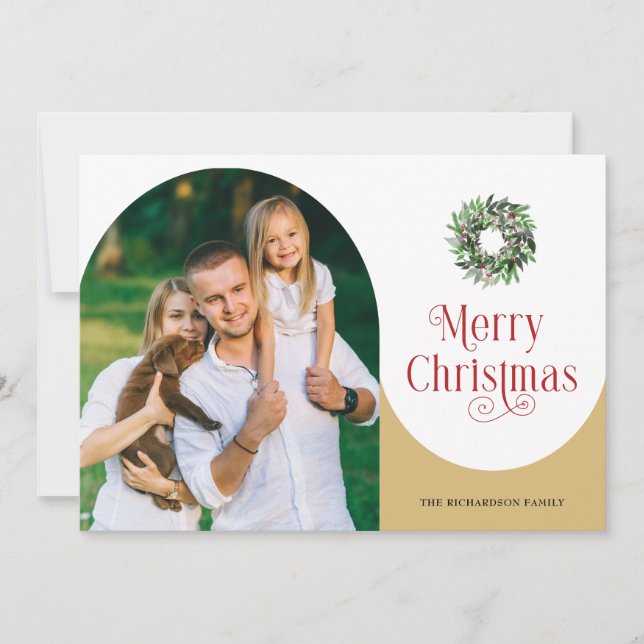 Tarjeta Festiva Merry Christmas Swirl Arched Photo Message Gold (Anverso)