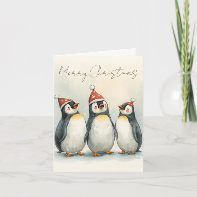 Tarjeta Festiva Merry Christmas Three Penguins Christmas Card (Anverso)