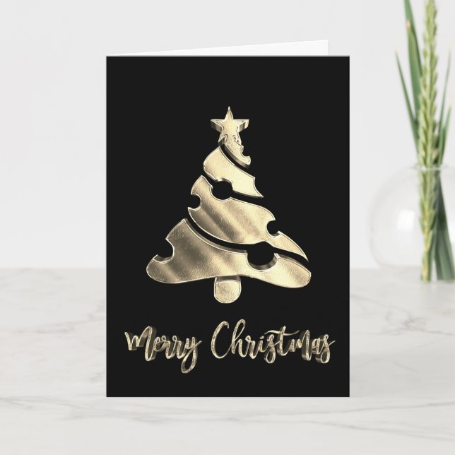Tarjeta Festiva Merry Christmas Tree Black and Gold Text Elegant (Anverso)