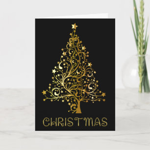 Tarjeta Festiva Merry Christmas Tree Black Gold Shiny Typography