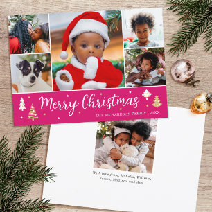 Tarjeta Festiva Merry Christmas Tree Collage de fotos Pink Flat