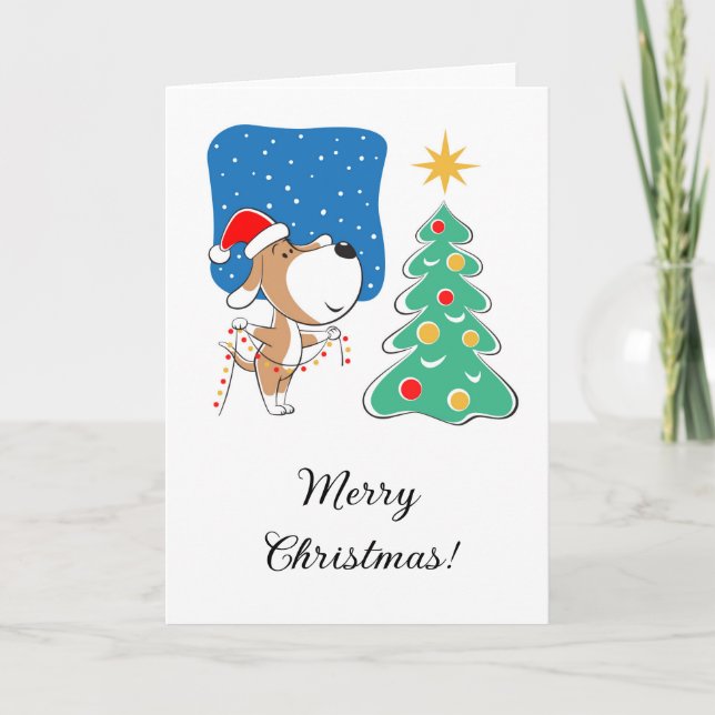Tarjeta Festiva Merry Christmas Tree Cupy Perro Santa Hat (Anverso)