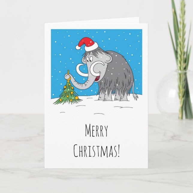 Tarjeta Festiva Merry Christmas Tree Cute Mammoth Santa Hat (Anverso)