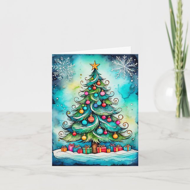 Tarjeta Festiva Merry Christmas Tree - Happy Holidays (Anverso)