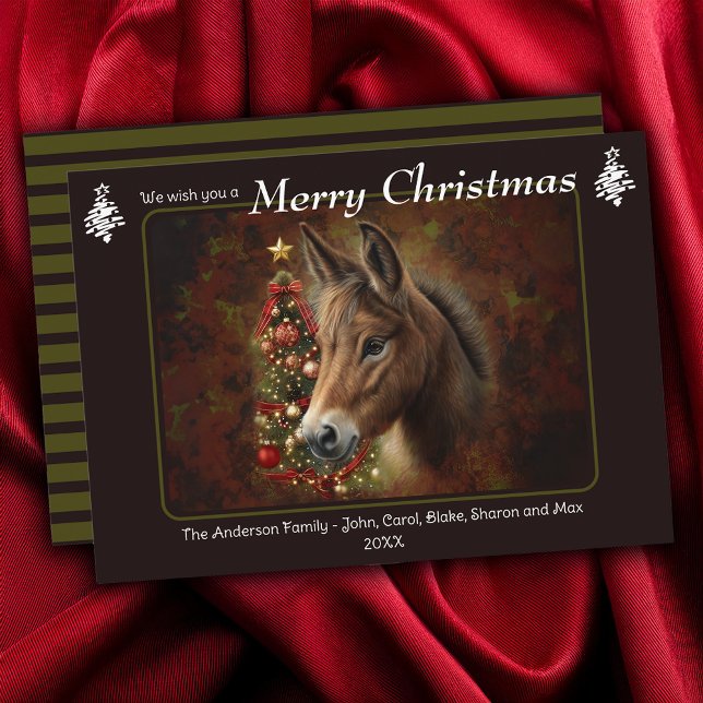 Tarjeta Festiva Merry Christmas Tree Mule Equine Personalizado (Merry Christmas Tree Mule Equine Personalized Holiday Card)