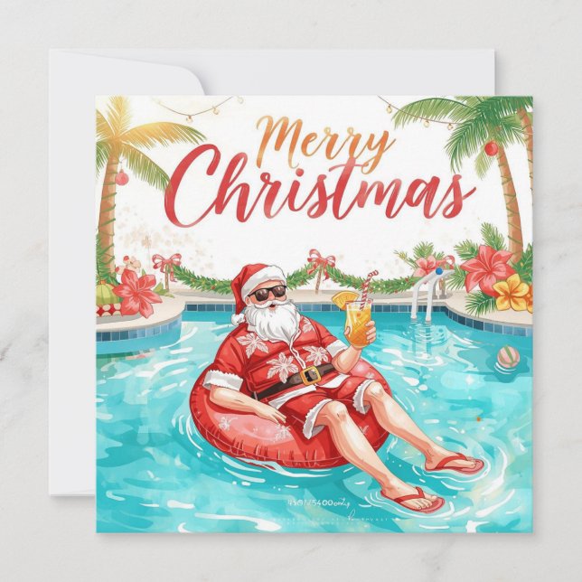 Tarjeta Festiva Merry Christmas Tropical Santa Summer Pool Party (Anverso)