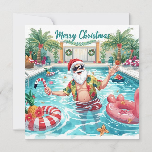 Tarjeta Festiva Merry Christmas Tropical Santa Summer Pool Party (Anverso)
