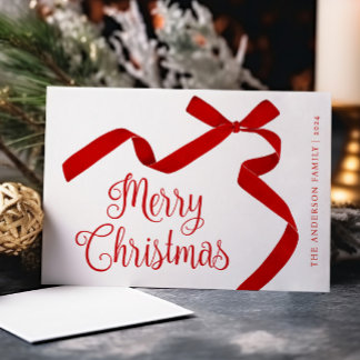 Tarjeta Festiva Merry Christmas Typography Red Bow