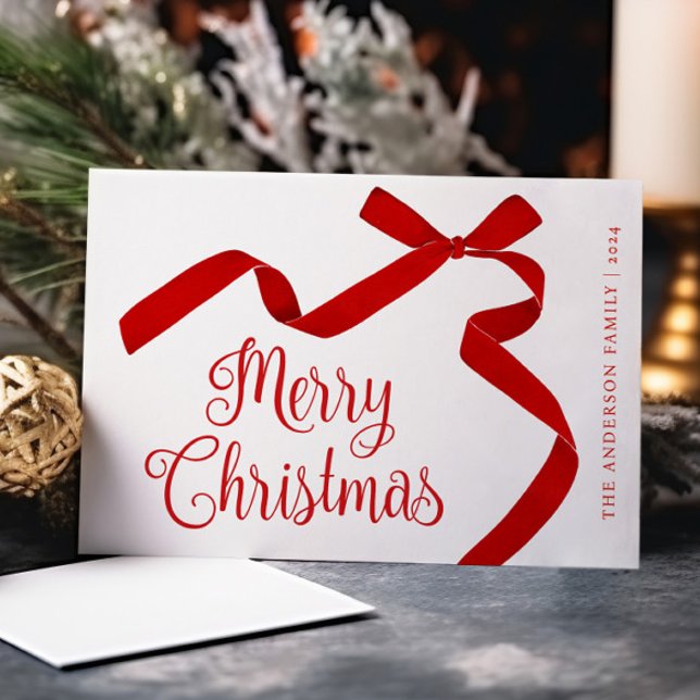 Tarjeta Festiva Merry Christmas Typography Red Bow (Subido por el creador)