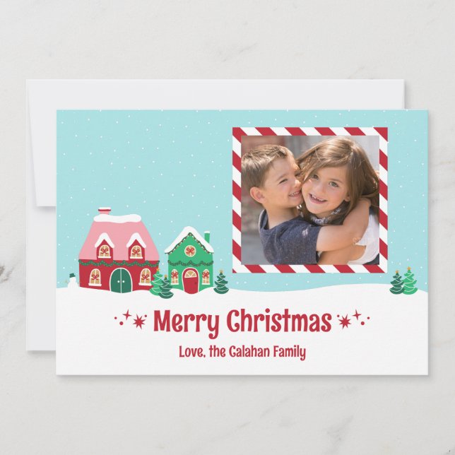 Tarjeta Festiva Merry Christmas Village Personalized Photo Card (Anverso)