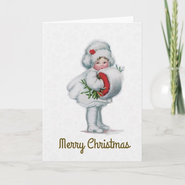 Tarjeta Festiva Merry Christmas Vintage Chica Mistletoe Muff (Anverso)