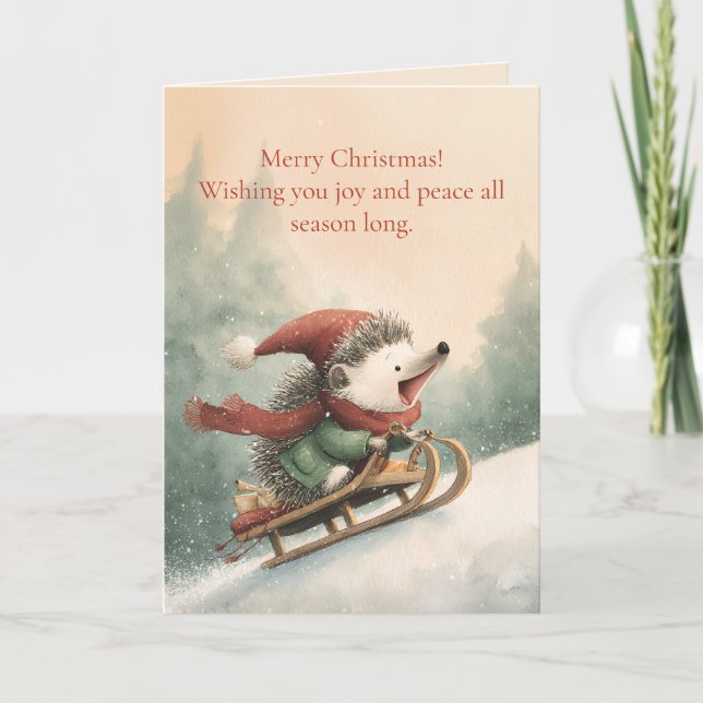 Tarjeta Festiva Merry Christmas Watercolor hedgehog  (Anverso)