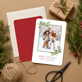 Tarjeta Festiva Merry Christmas Watercolor Holly Berries Photo