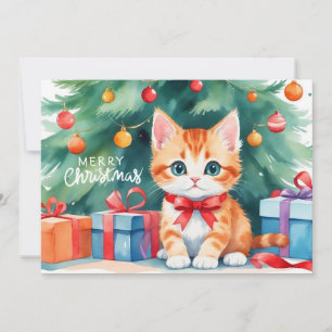 Tarjeta Festiva Merry Christmas Watercolor Naranja Kitten