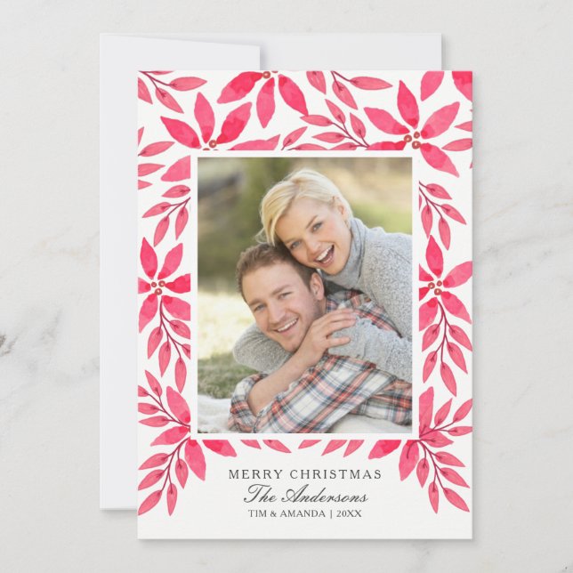 Tarjeta Festiva Merry Christmas Watercolor Pintado Poinsettia (Anverso)