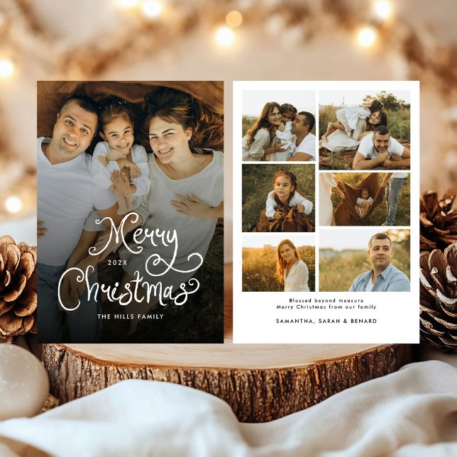 Tarjeta Festiva Merry Christmas Whimsical Script  Family 7 Photos (Subido por el creador)