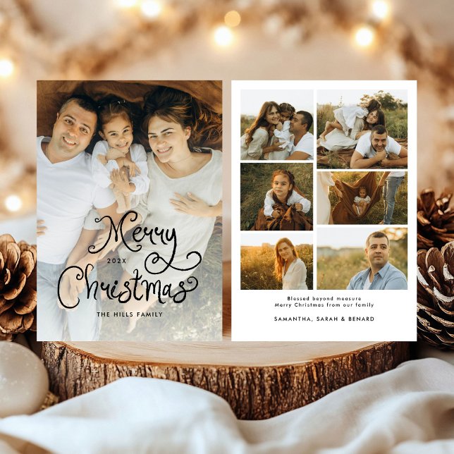 Tarjeta Festiva Merry Christmas Whimsical Script  Family 7 Photos (Subido por el creador)