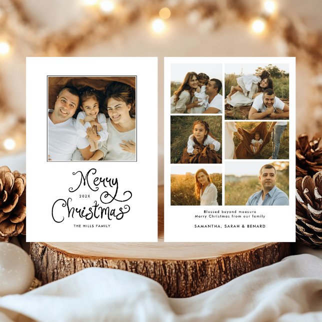 Tarjeta Festiva Merry Christmas Whimsical Script  Family 7 Photos (Subido por el creador)