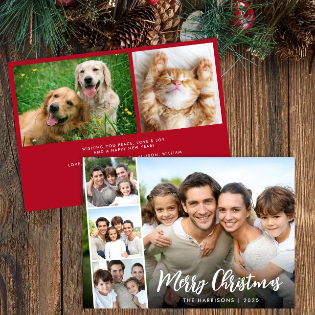 Tarjeta Festiva Merry Christmas White Script Photo Strip (Share the love and warmth of the holiday season with this personalized photo Christmas card)