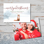 Tarjeta Festiva Merry Christmas Winter Fox Couple Photo<br><div class="desc">Personalize your names and date on this chic holiday card featuring a fox on a winter scene woodland background and your special photo on the reverse. Designed by Thisisnotme©</div>