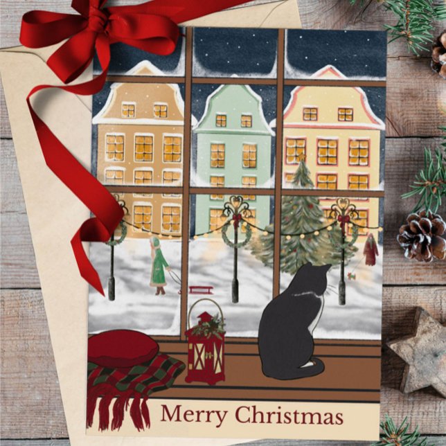 Tarjeta Festiva Merry Christmas Winter Scene Cat Greeting Card (Subido por el creador)