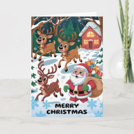 Tarjeta Festiva merry Christmas with playful Santa and Reindeer