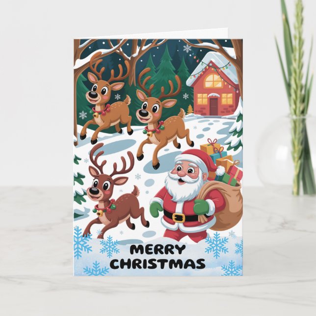 Tarjeta Festiva merry Christmas with playful Santa and Reindeer (Anverso)