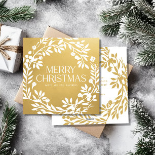 Tarjeta Festiva Merry Christmas Wreath Business Name Faux Gold
