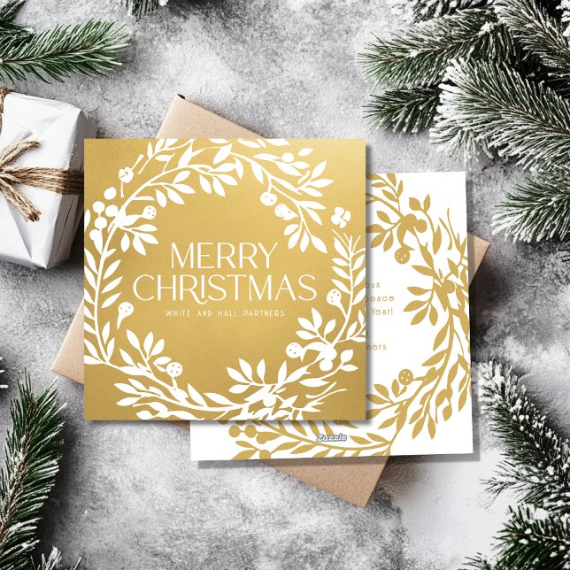 Tarjeta Festiva Merry Christmas Wreath Business Name Faux Gold (Subido por el creador)