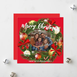 Tarjeta Festiva Merry Christmas Wreath Photo Personalized Family N