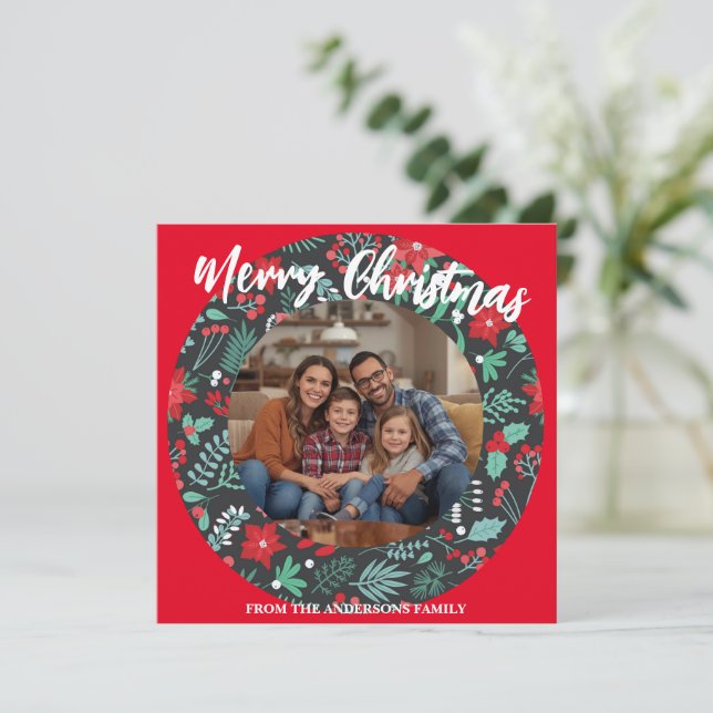 Tarjeta Festiva Merry Christmas Wreath Photo Personalized Family N (Anverso de pie)
