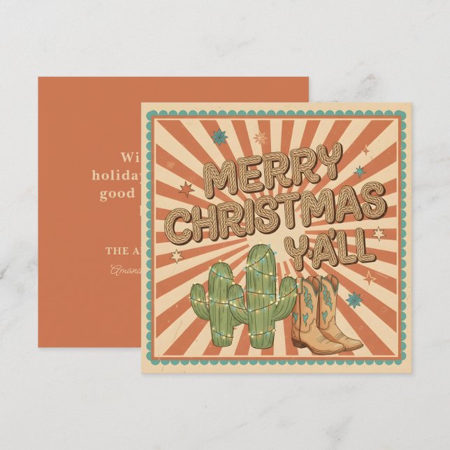 Tarjeta Festiva Merry Christmas Y’all Boho Western Card (Anverso / Reverso)