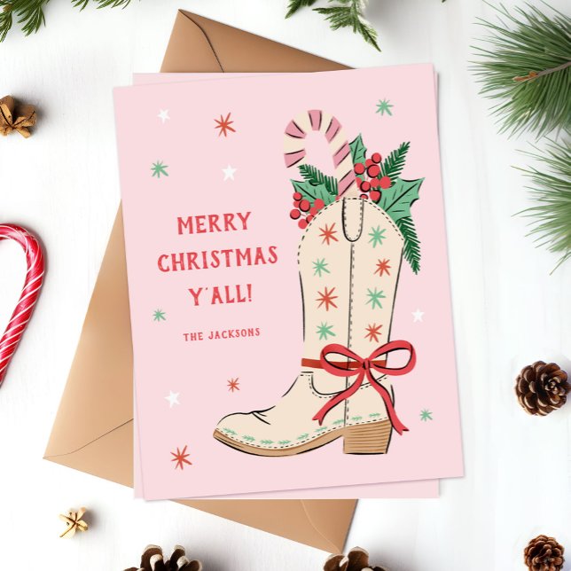 Tarjeta Festiva Merry Christmas Y'all Country Cowboy Boot  ("merry Christmas y'all" country-themed holiday card with hand-drawn cowboy boot)