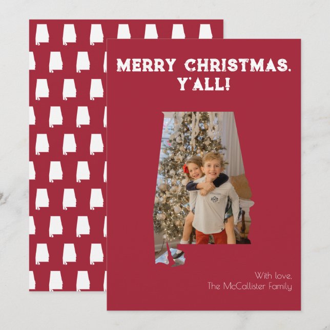 Tarjeta Festiva Merry Christmas Y'all Crimson Alabama State Photo (Anverso / Reverso)