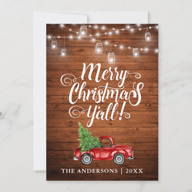 Tarjeta Festiva Merry Christmas Y'all Jar Lights Truck Wood (Anverso)