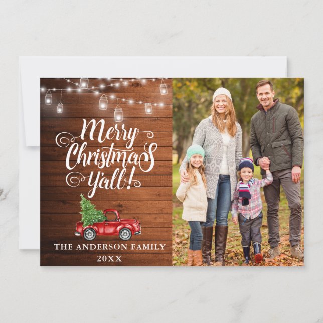 Tarjeta Festiva Merry Christmas Y'all Photo Lights Camión de Mader (Anverso)