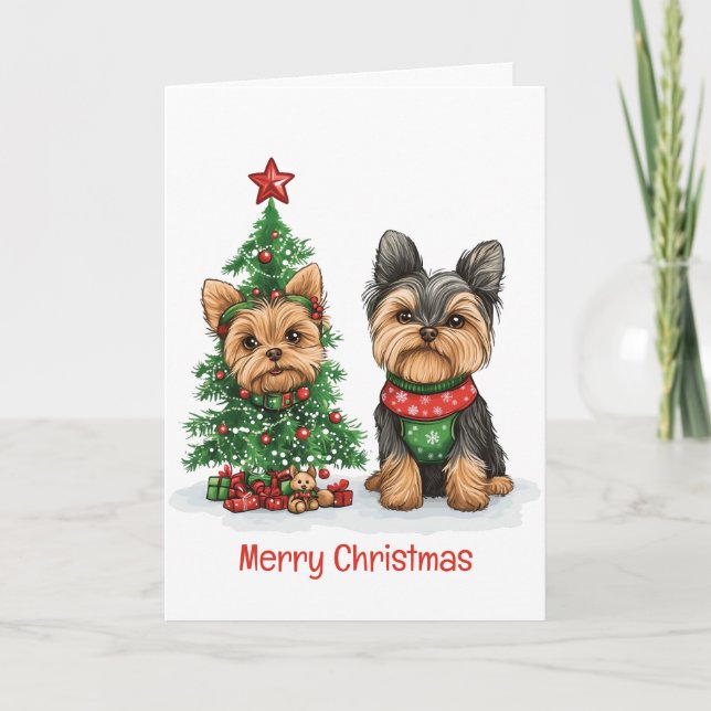Tarjeta Festiva Merry Christmas Yorkie Dogs (Anverso)