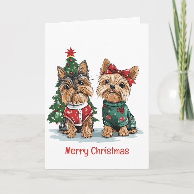 Tarjeta Festiva Merry Christmas Yorkie Dogs (Anverso)