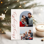 Tarjeta Festiva Merry Everything 2 Foto Familia<br><div class="desc">Merry Everything,  arco y marco cuadrado,  tarjeta de vacaciones de 2 fotos. Características,  respaldo de color rojo sólido.</div>