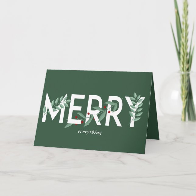 Tarjeta Festiva Merry Everything Green Holly Berries Foliage (Anverso)