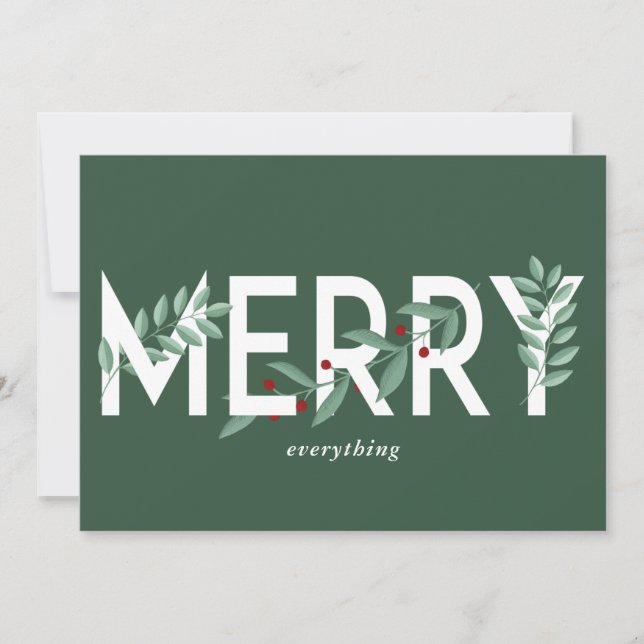 Tarjeta Festiva Merry Everything Green Holly Berries Foliage (Anverso)