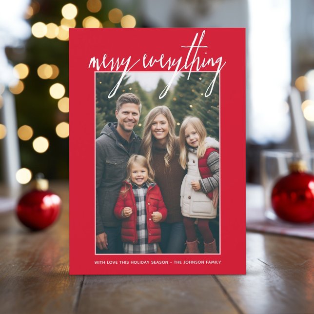 Tarjeta Festiva Merry Everything Modernas Navidades 1 Foto Red (1 Photo - Vertical Christmas Card - Merry Everything)