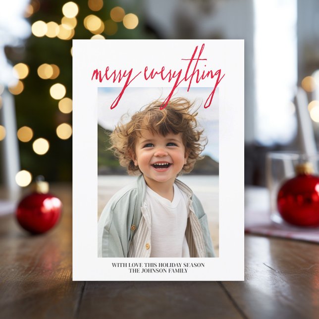 Tarjeta Festiva Merry Everything Modernas Navidades 1 Foto Red (Modern, minimal Christmas Greeting card with a large photo and script text.)
