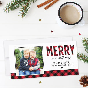 Tarjeta Festiva Merry Everything Modernas Red Buffalo Plaid Photo