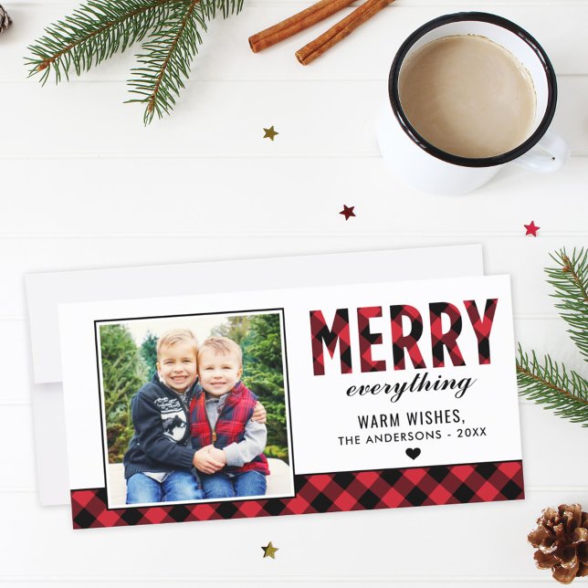 Tarjeta Festiva Merry Everything Modernas Red Buffalo Plaid Photo (Subido por el creador)