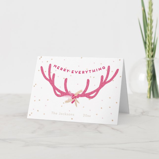 Tarjeta Festiva Merry Everything Pink Antlers Navidades on White (Anverso)