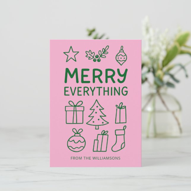 Tarjeta Festiva Merry Everything Pink Green Doodle Sketch Añadir n (Anverso de pie)
