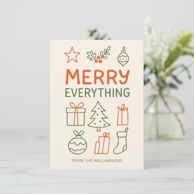 Tarjeta Festiva Merry Everything Red Green Doodle Sketch Añadir no (Anverso de pie)